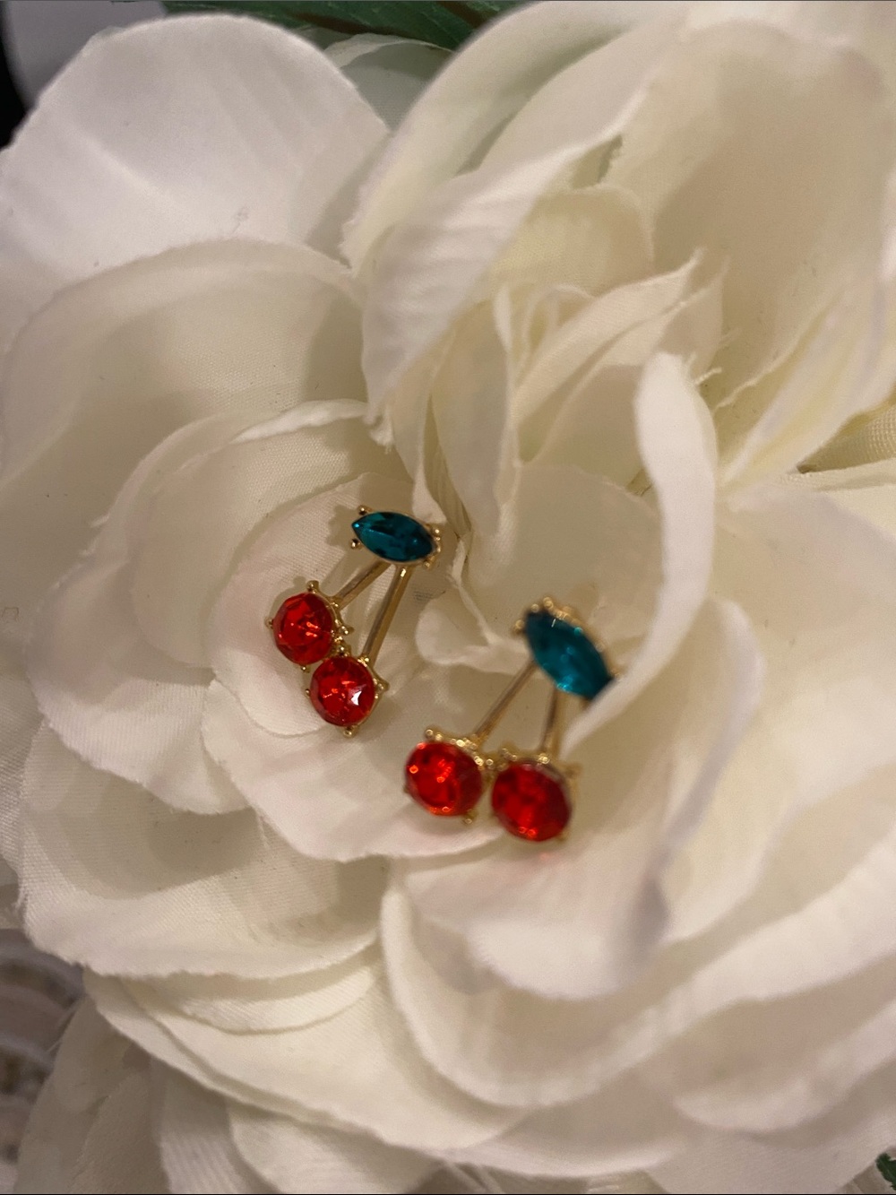 Gold tone Cherry Drop Earrings with Red and Green leaf Stones - Picture 3 of 8